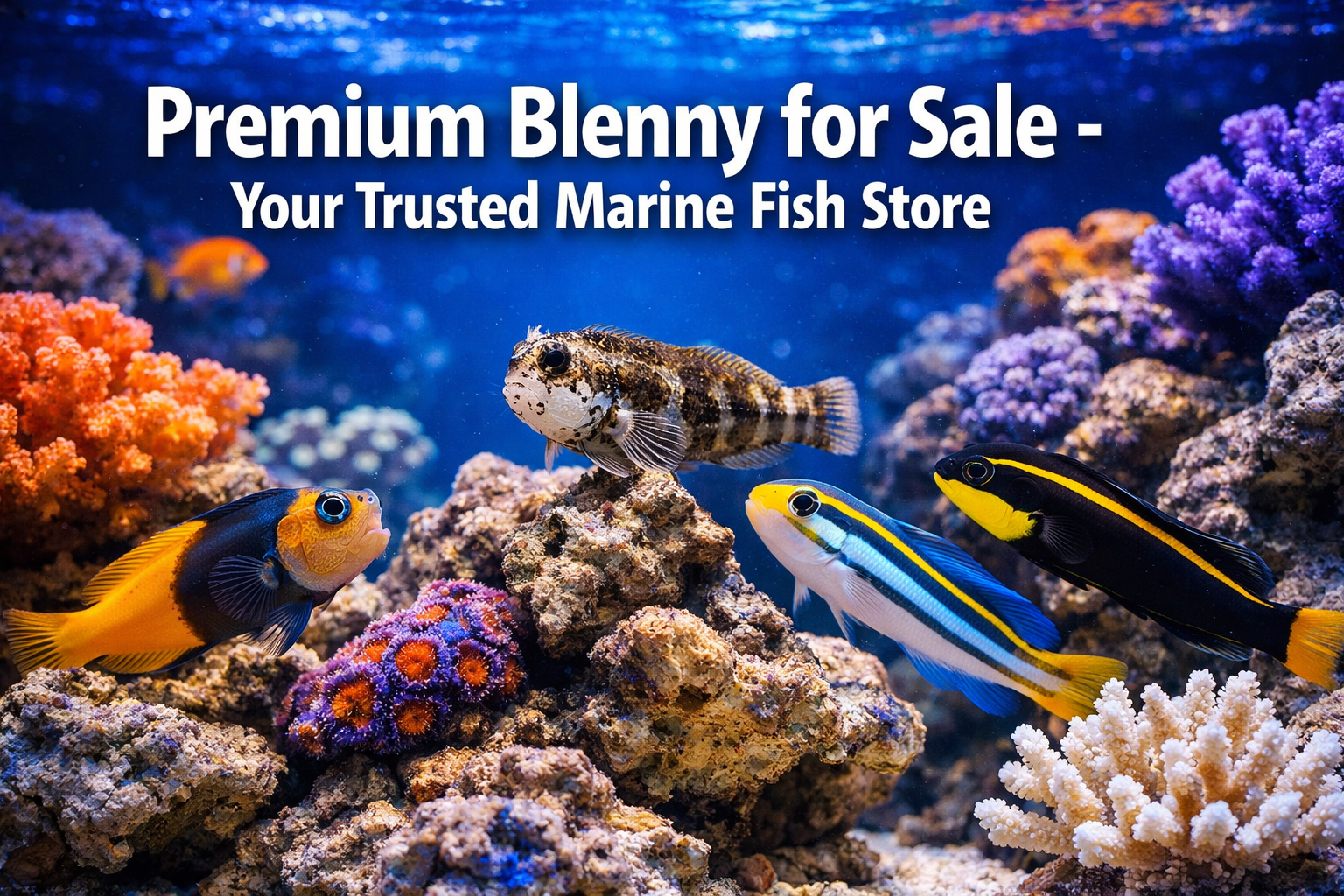 Professional landscape hero image (1536x1024) featuring bold text overlay 'Premium Blenny for Sale - Your Trusted Marine Fish Store' in extr