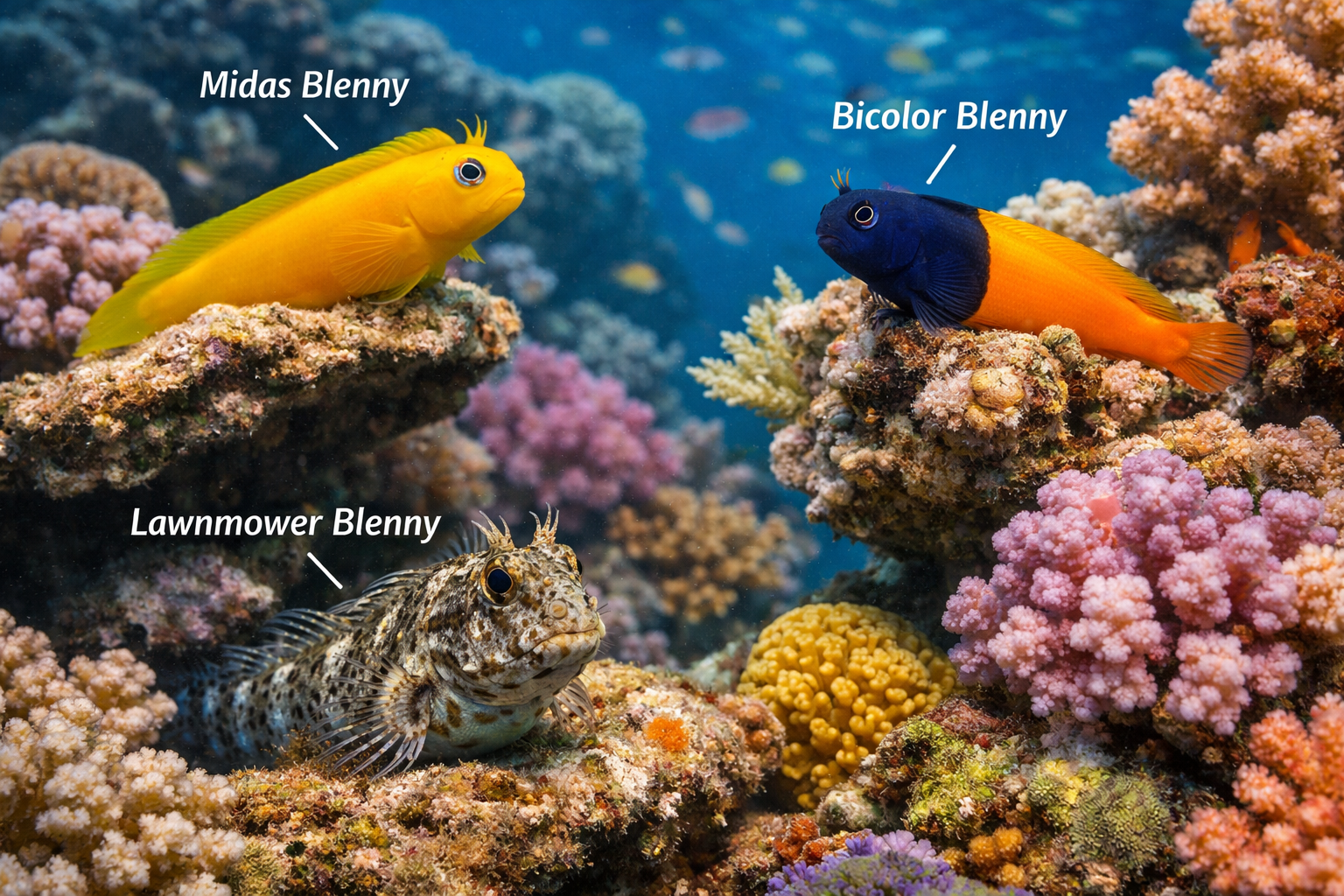 Detailed underwater scene showing various blenny species in their natural coral reef habitat, with Midas blenny, bicolor blenny, and lawnmow