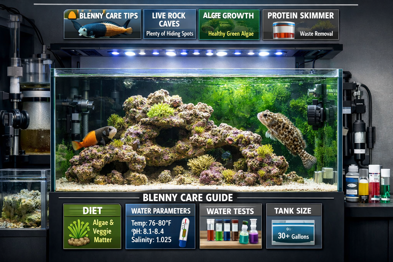 Professional marine aquarium setup showing proper blenny care environment with live rock caves, algae growth on glass, protein skimmer, LED 