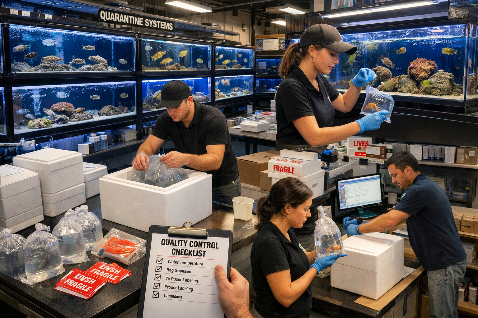 High-end marine fish store facility showing professional quarantine systems, healthy blennies in display tanks, shipping preparation area wi