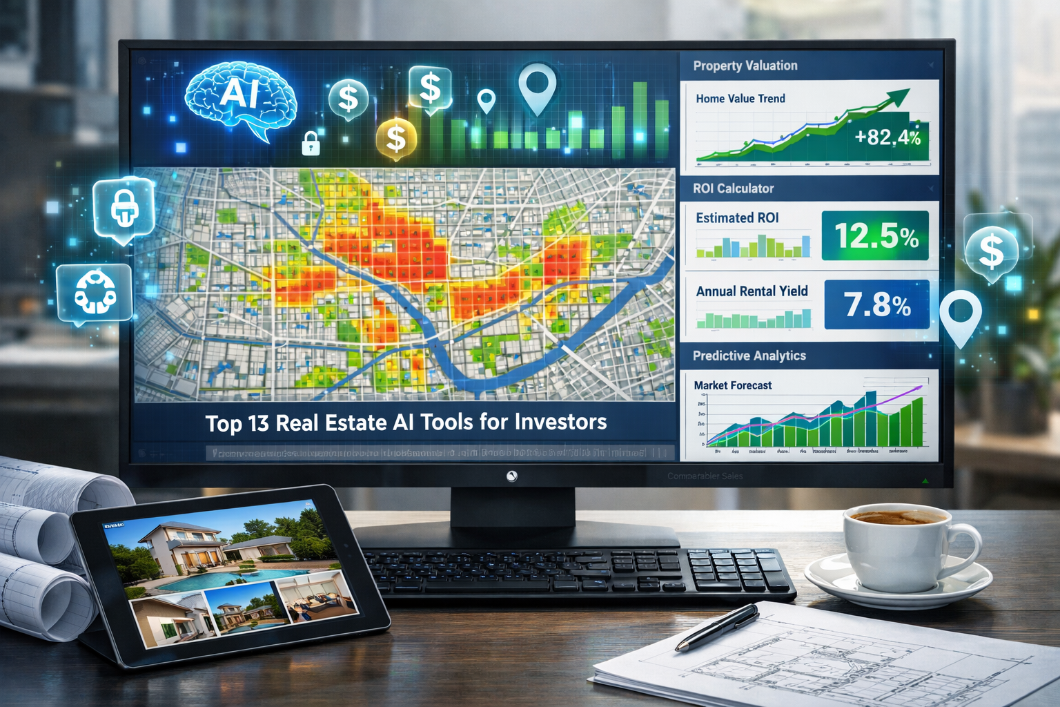 Landscape format (1536x1024) detailed illustration showing AI-powered property analysis dashboard on large monitor screen with multiple data