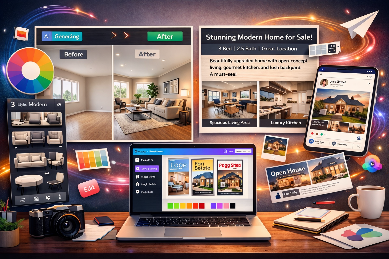 Landscape format (1536x1024) sophisticated visualization of virtual staging and marketing AI tools in action: split-screen showing before/af