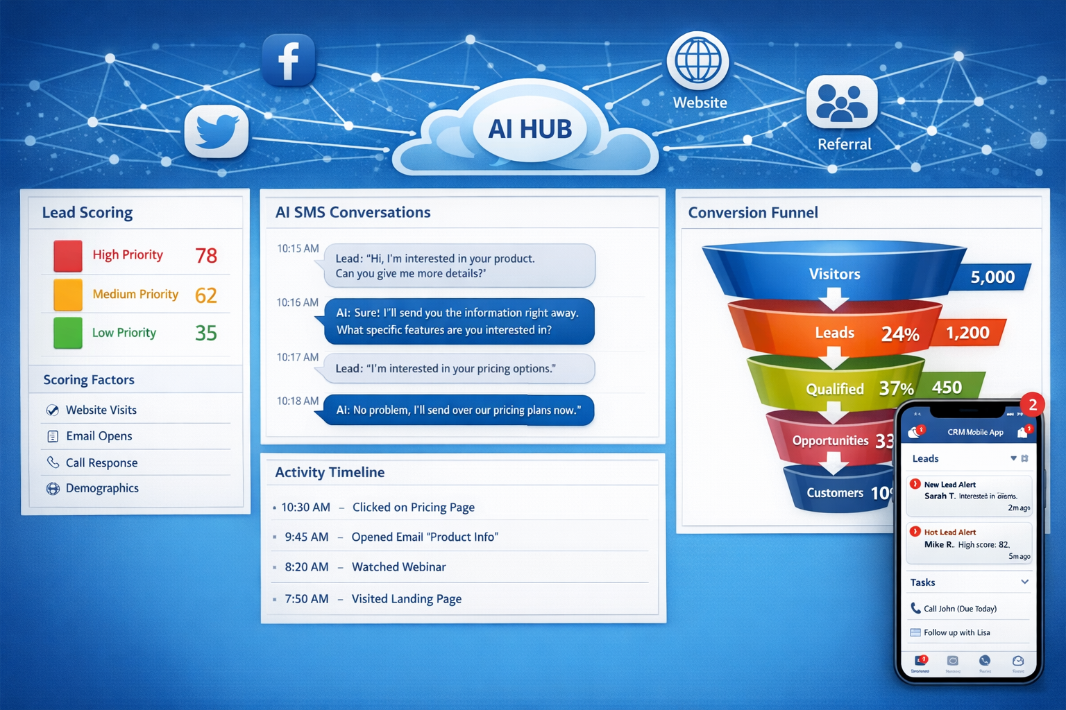 Landscape format (1536x1024) comprehensive dashboard view showing AI CRM and lead management system interface with multiple panels: lead sco