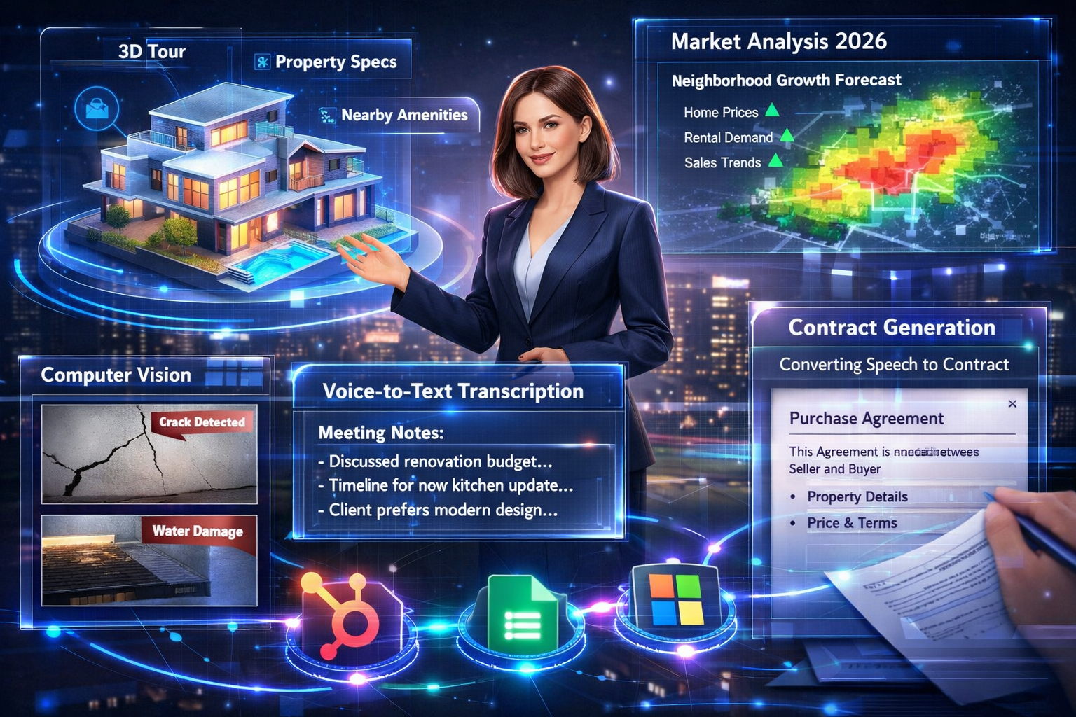 Landscape format (1536x1024) futuristic concept illustration showing emerging AI technologies for real estate: holographic property tour int