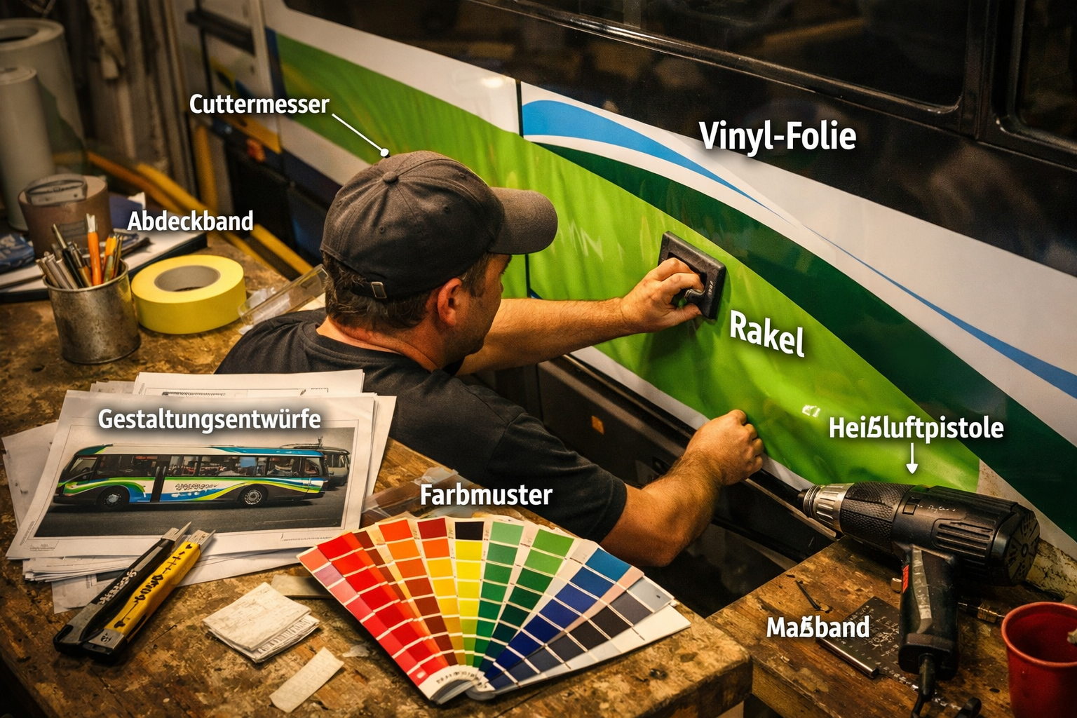 () close-up overhead workshop scene showing a Werbetechniker applying large-format vinyl folie to the side of a city bus,