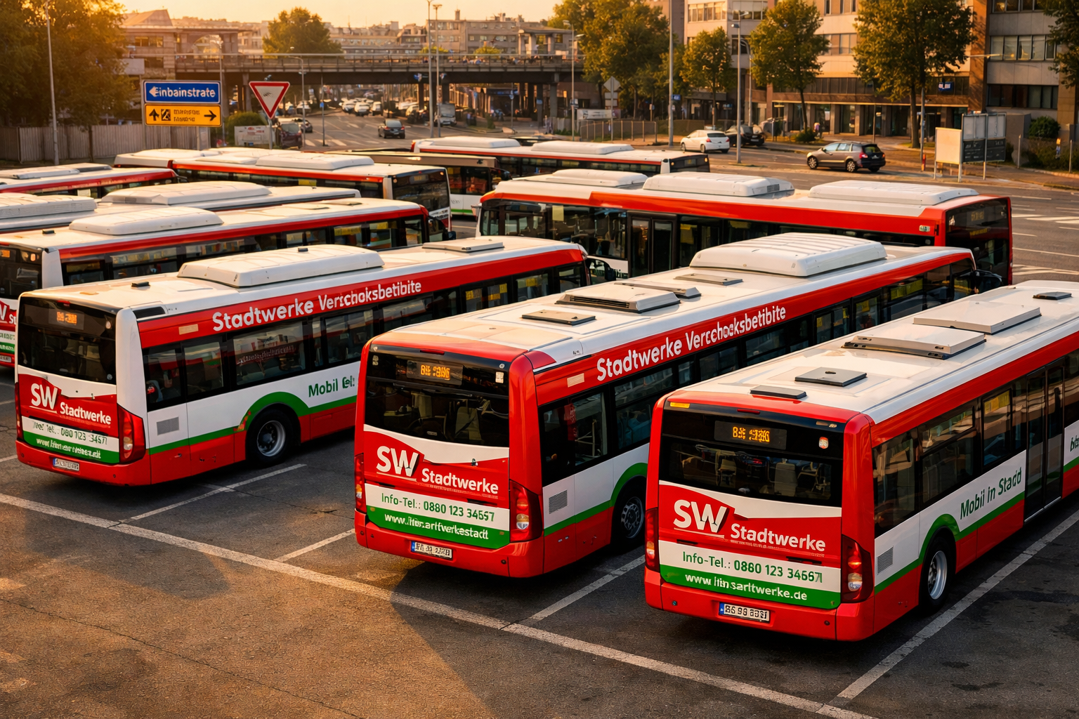 () aerial view of a German city bus fleet parked in a depot, all buses featuring consistent Flottenbeklebung in matching