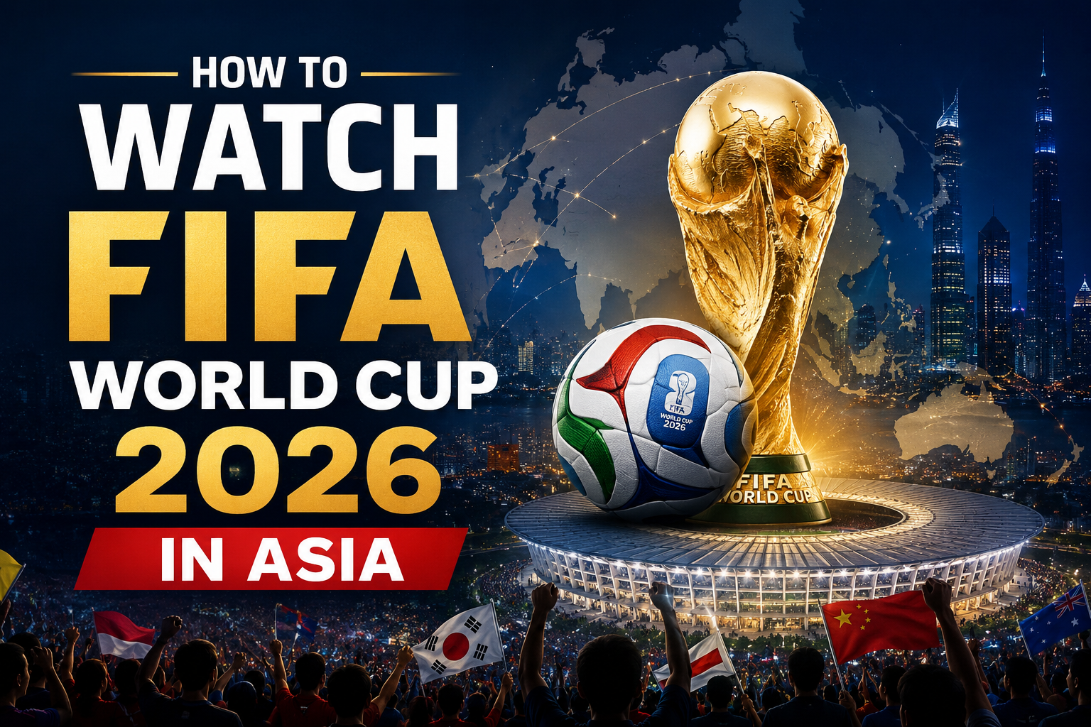 "How to Watch FIFA World Cup 2026 in Asia". Modern design, , , aesthetic. Background imagery relevant to: How to Watch FIFA