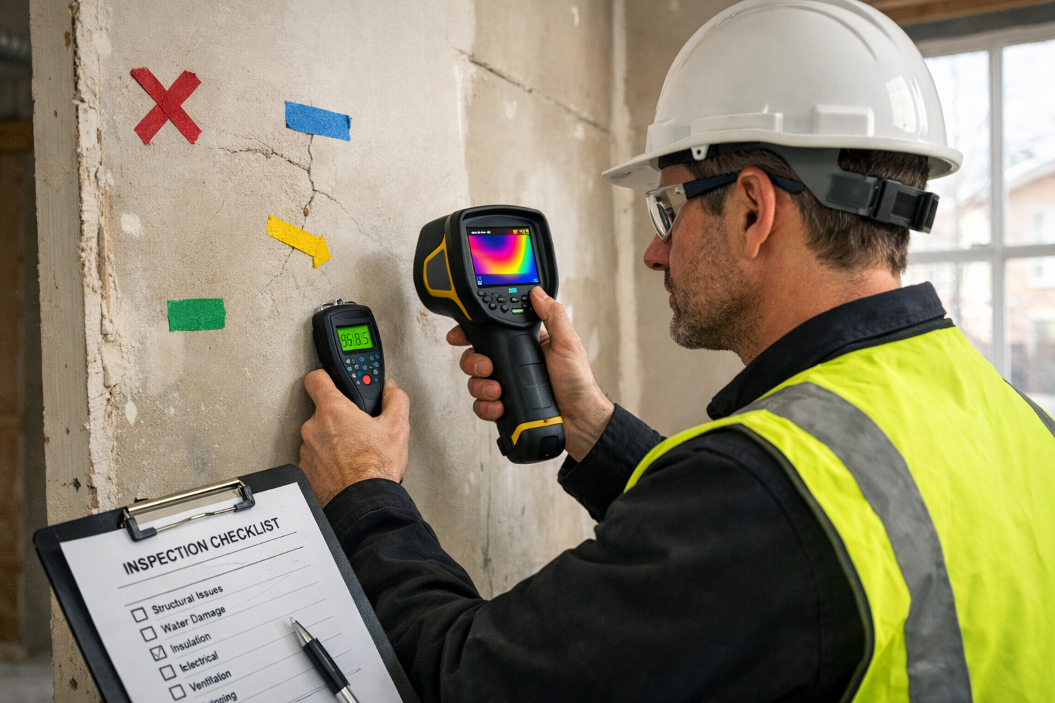 Detailed () image showing close-up view of professional building surveyor conducting detailed inspection inside new build