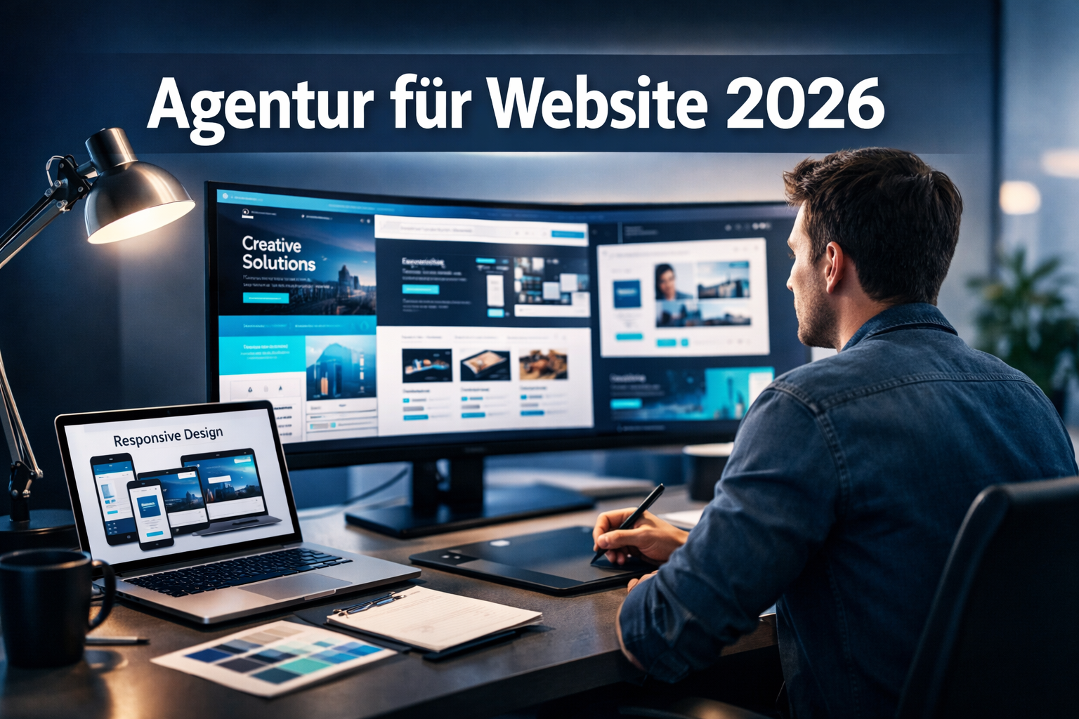 Professional landscape format (1536x1024) hero image with bold text overlay 'Agentur für Website 2026' in extra large 72pt white sans-serif - Agentur für Website 1 Professional landscape format (1536x1024) hero image with bold text overlay 'Agentur für Website 2026' in extra large 72pt white sans-serif