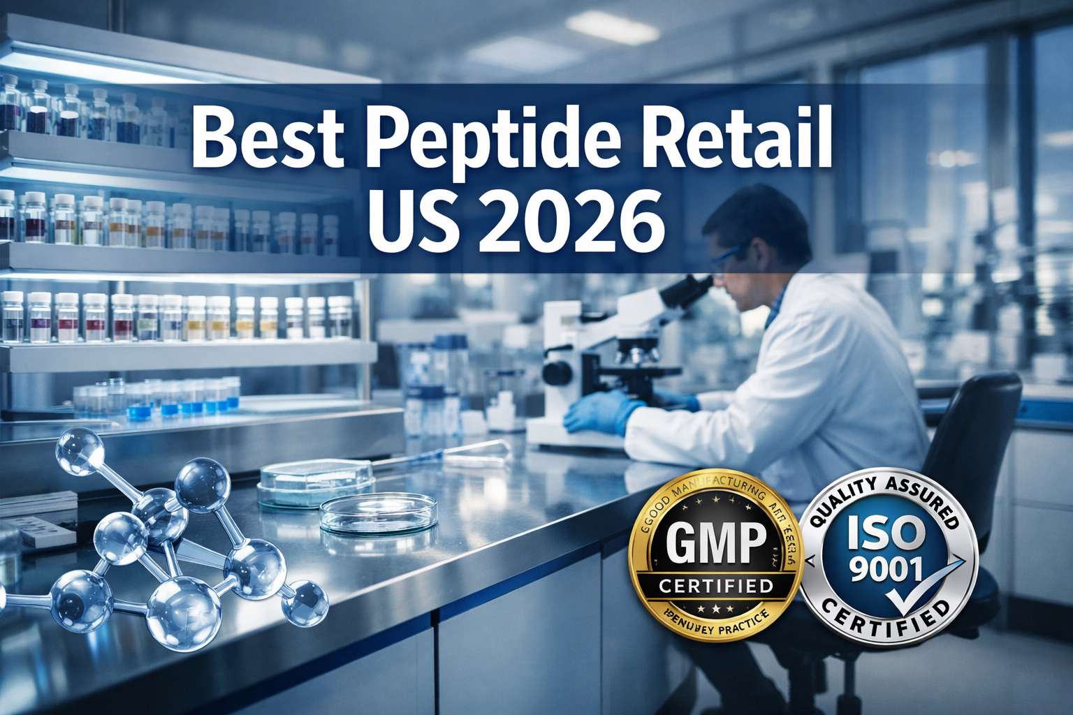 Professional landscape hero image (1536x1024) featuring bold text overlay 'Best Peptide Retail US 2026' in extra large 72pt white sans-serif