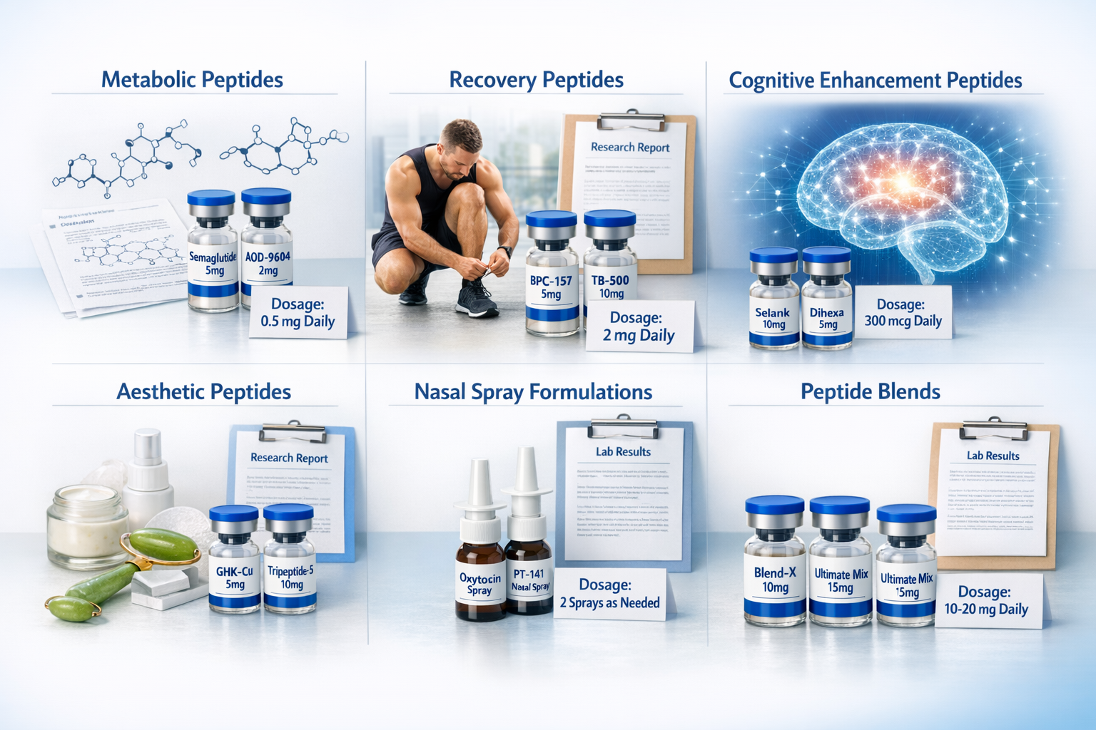 Landscape editorial image (1536x1024) displaying peptide product categories in organized grid layout. Shows six distinct sections: metabolic