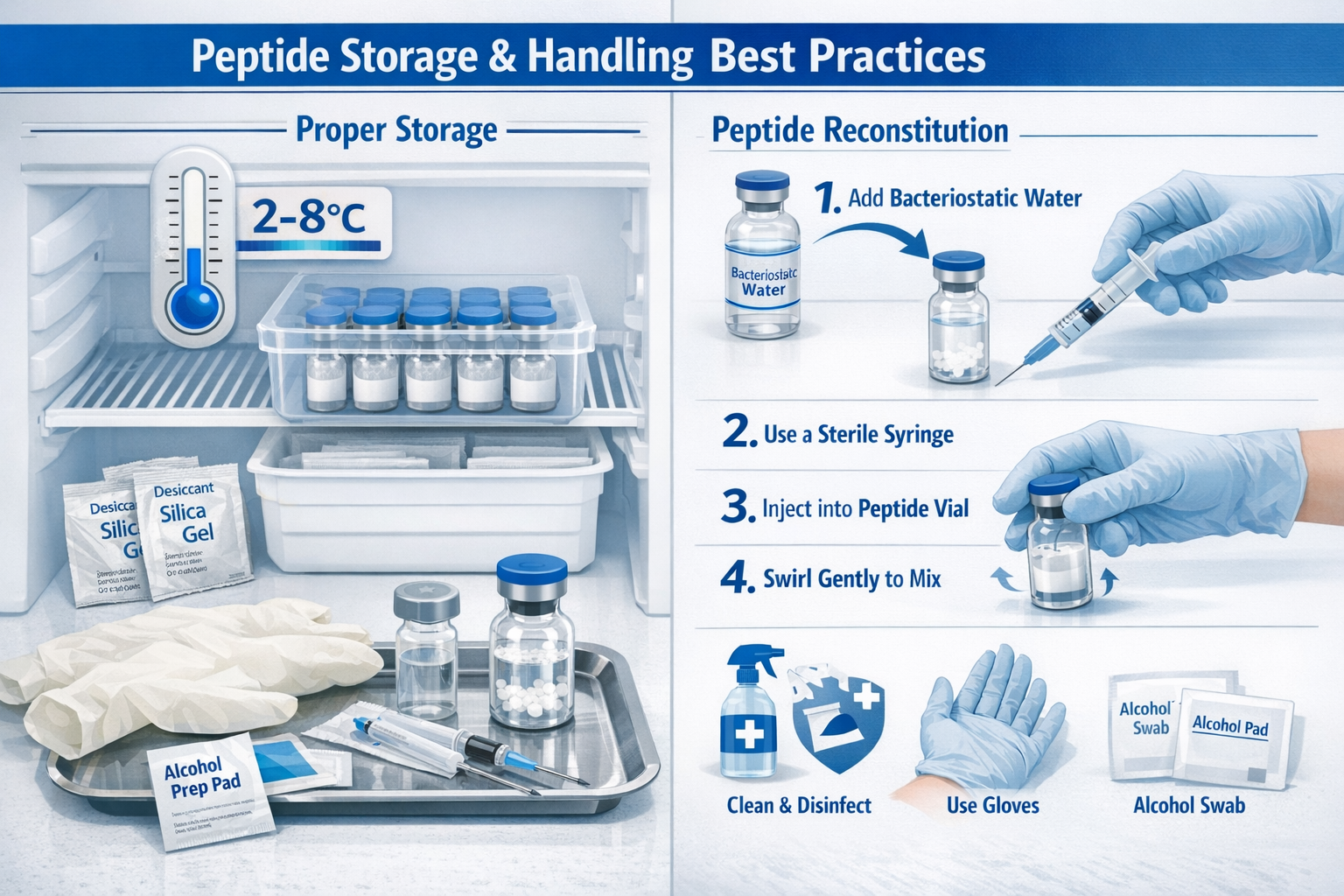 Landscape composition (1536x1024) showing peptide storage and handling best practices guide. Split-screen design: left side displays proper 