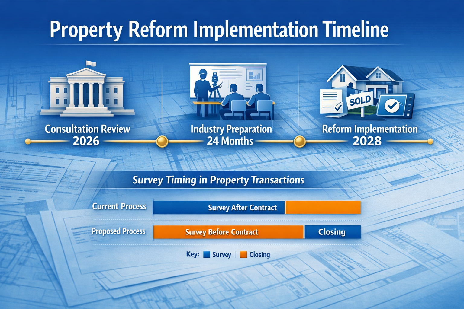 Detailed () editorial image showing timeline infographic for 2026-2028 property reform implementation. Visual features