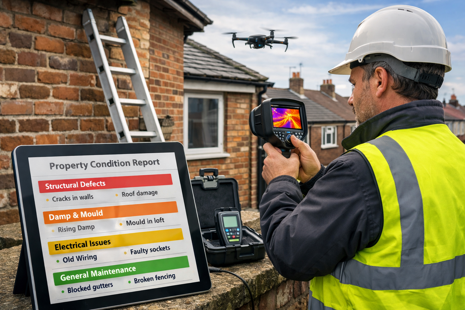 Detailed () photograph showing modern building surveyor conducting comprehensive property assessment. Scene captures