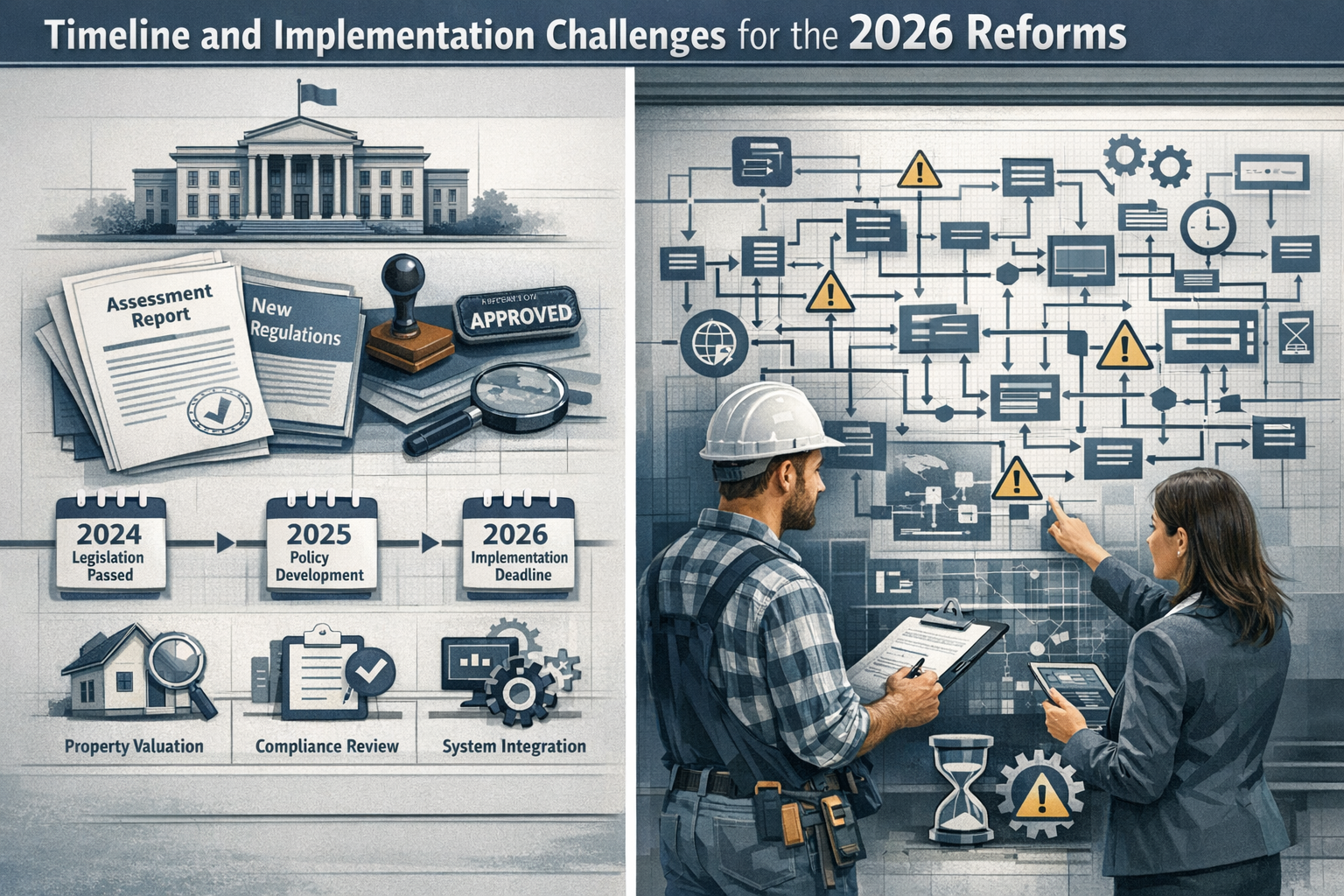 Split-screen editorial infographic visualizing 'Timeline and Implementation Challenges for the 2026 Reforms' with a