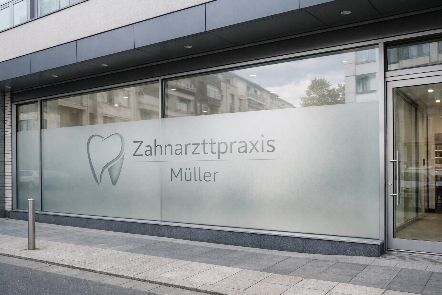 () featuring a German medical practice glass facade viewed from outside, with professionally applied frosted film