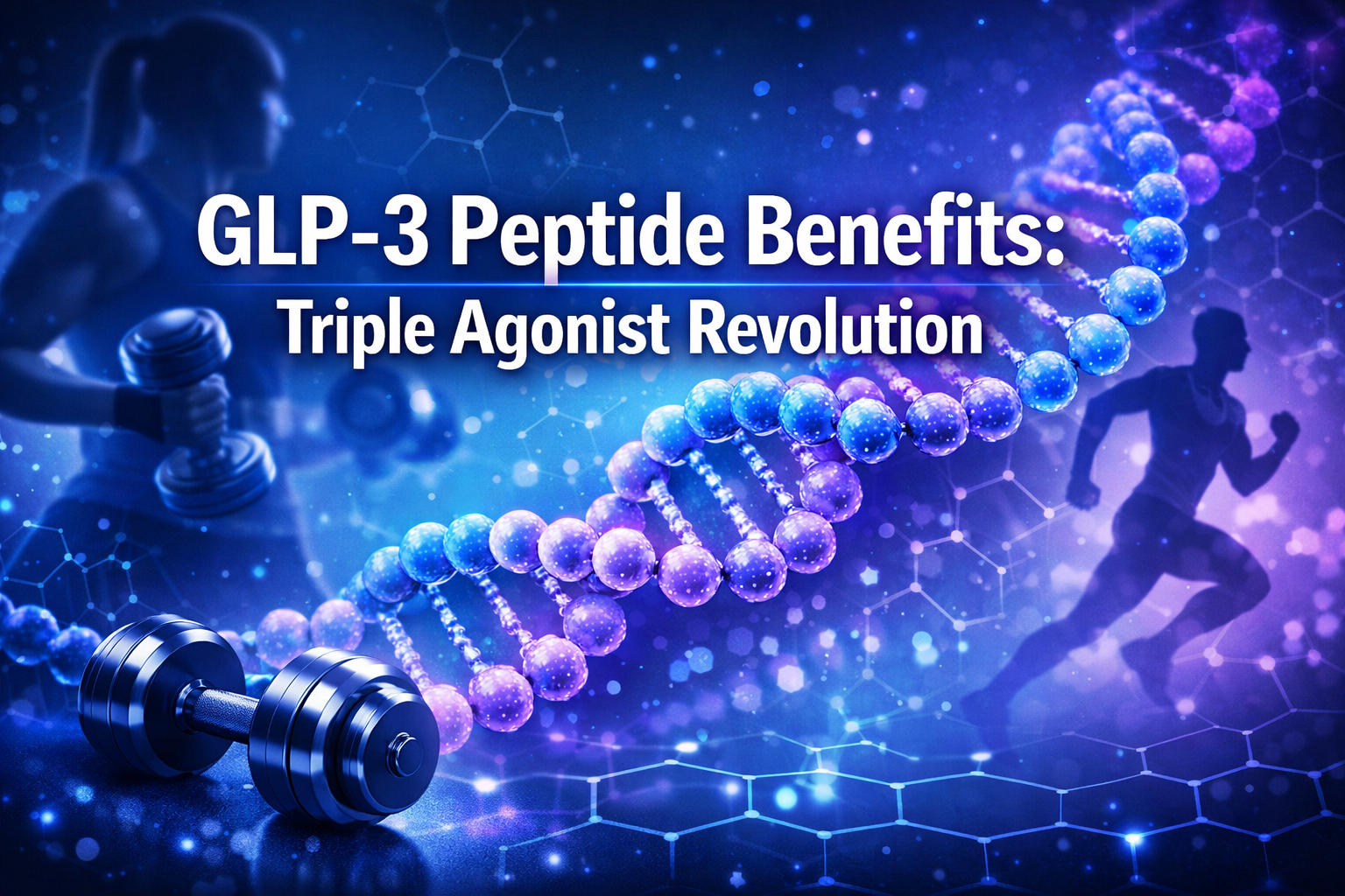 Professional landscape format (1536x1024) hero image featuring bold text overlay 'GLP-3 Peptide Benefits: Triple Agonist Revolution' in extr