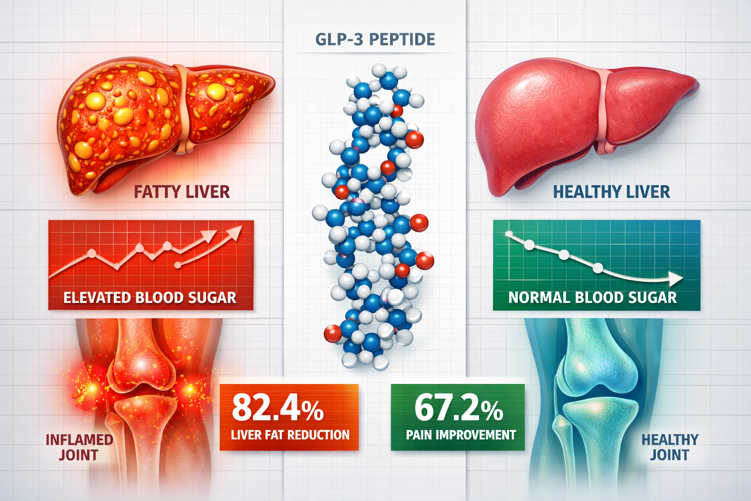 Landscape format (1536x1024) split-screen comparison visualization showing before/after metabolic effects. Left side: inflamed liver tissue 