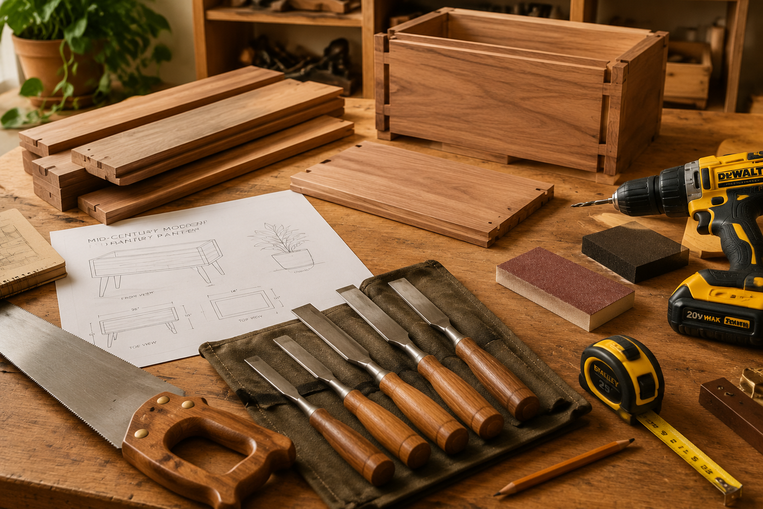 A beautifully composed landscape image () showcasing a collection of essential woodworking tools laid out on a clean