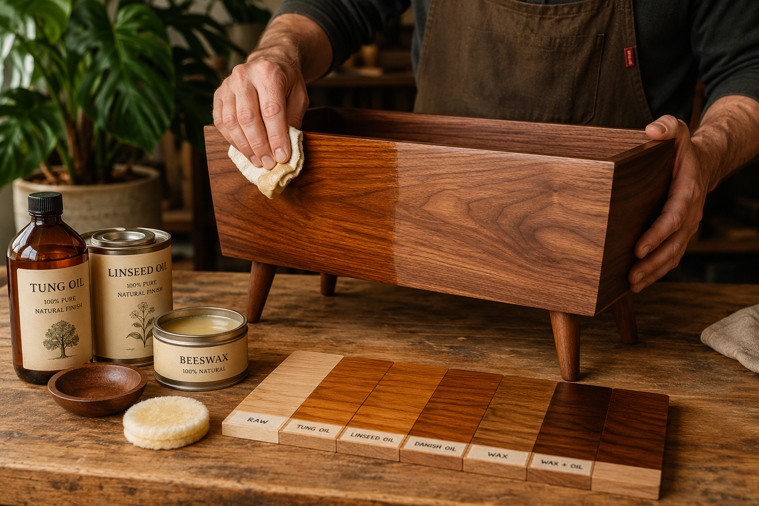 A detailed landscape shot () featuring a pair of hands skillfully applying a natural oil finish to a newly crafted