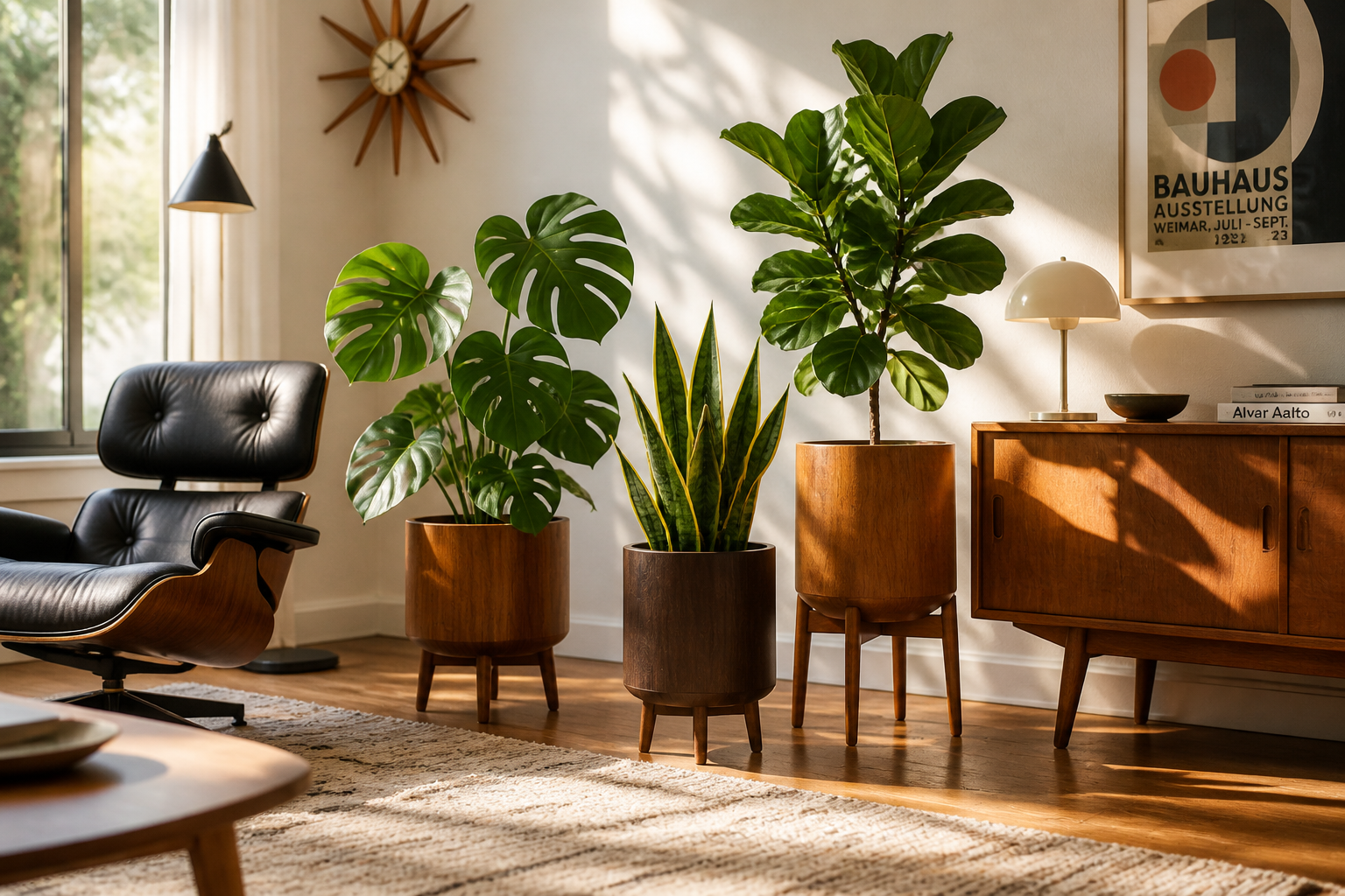 An inviting lifestyle landscape image () depicting a bright, airy living space adorned with several mid-century inspired
