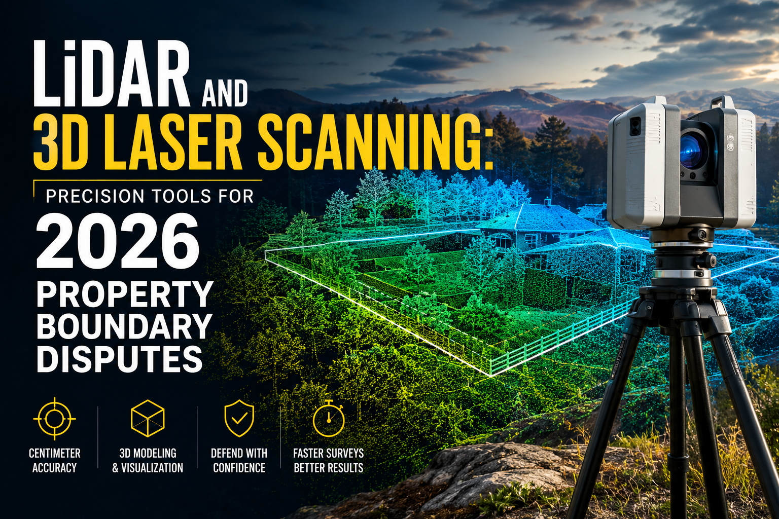 Professional landscape hero image () with : "LiDAR and 3D Laser Scanning: Precision Tools for 2026 Property Boundary
