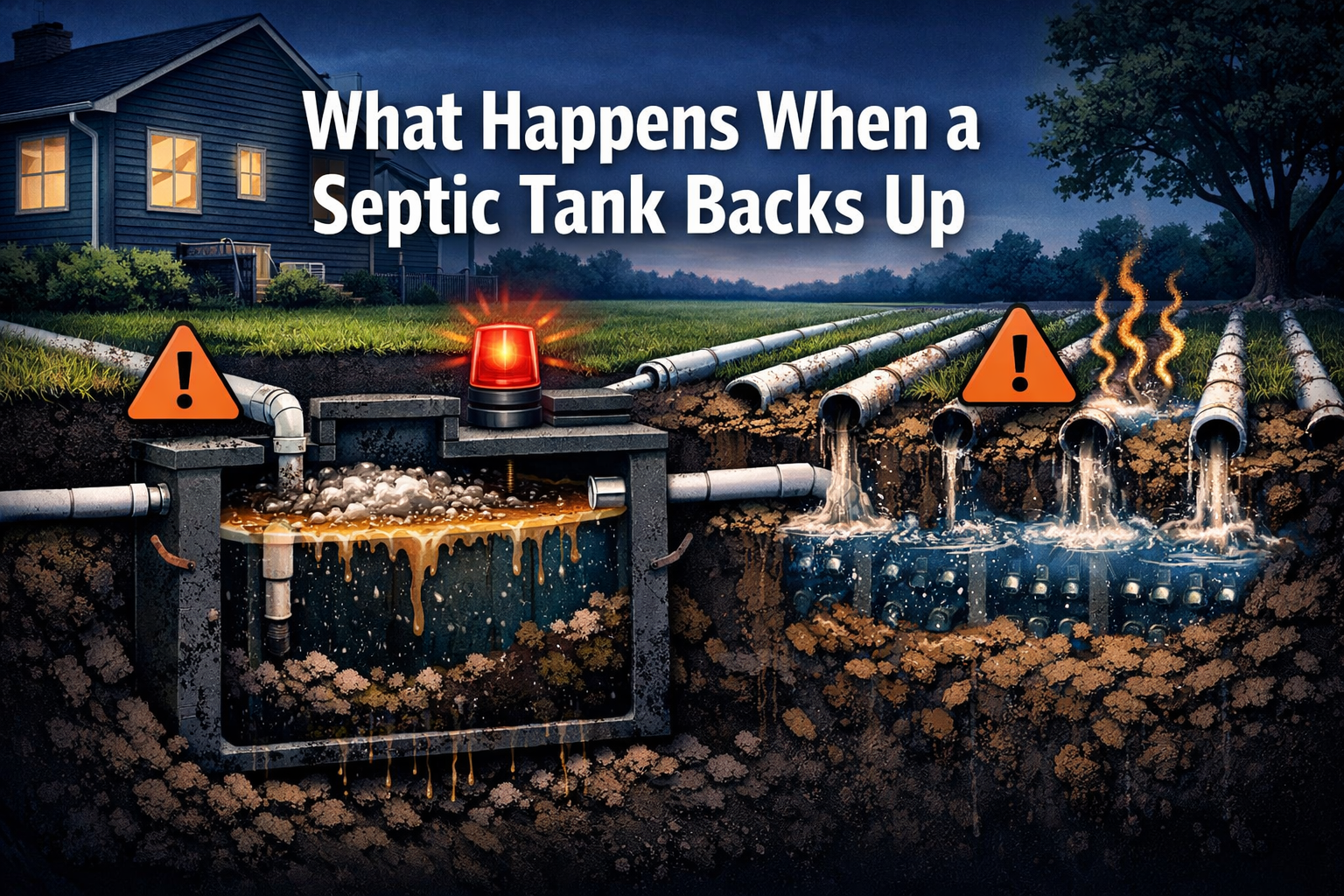 Professional landscape format (1536x1024) hero image with bold text overlay 'What Happens When a Septic Tank Backs Up' in 72pt white sans-se