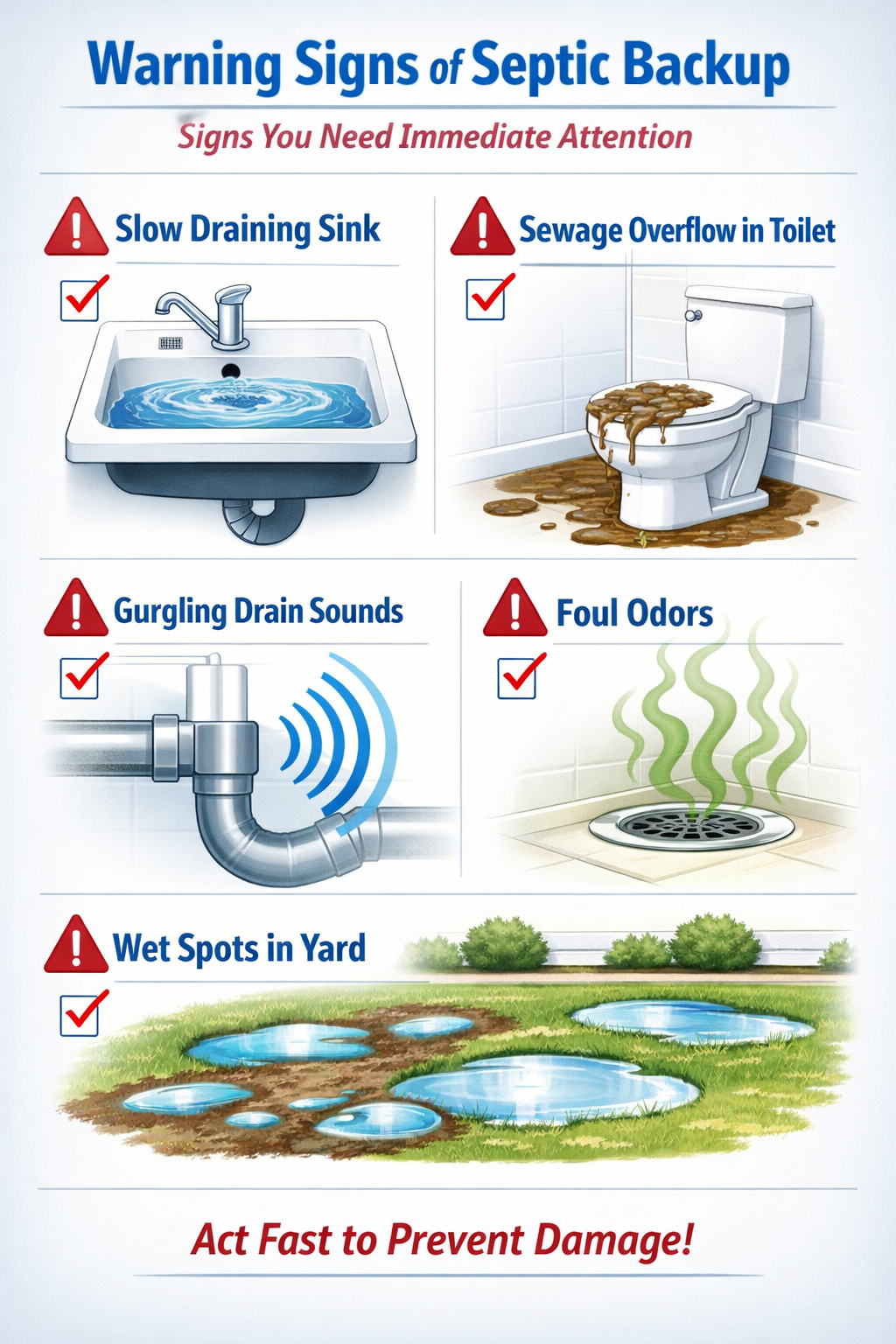 Portrait format (1024x1536) infographic showing immediate warning signs of septic backup: slow draining sink with water backup, toilet with 