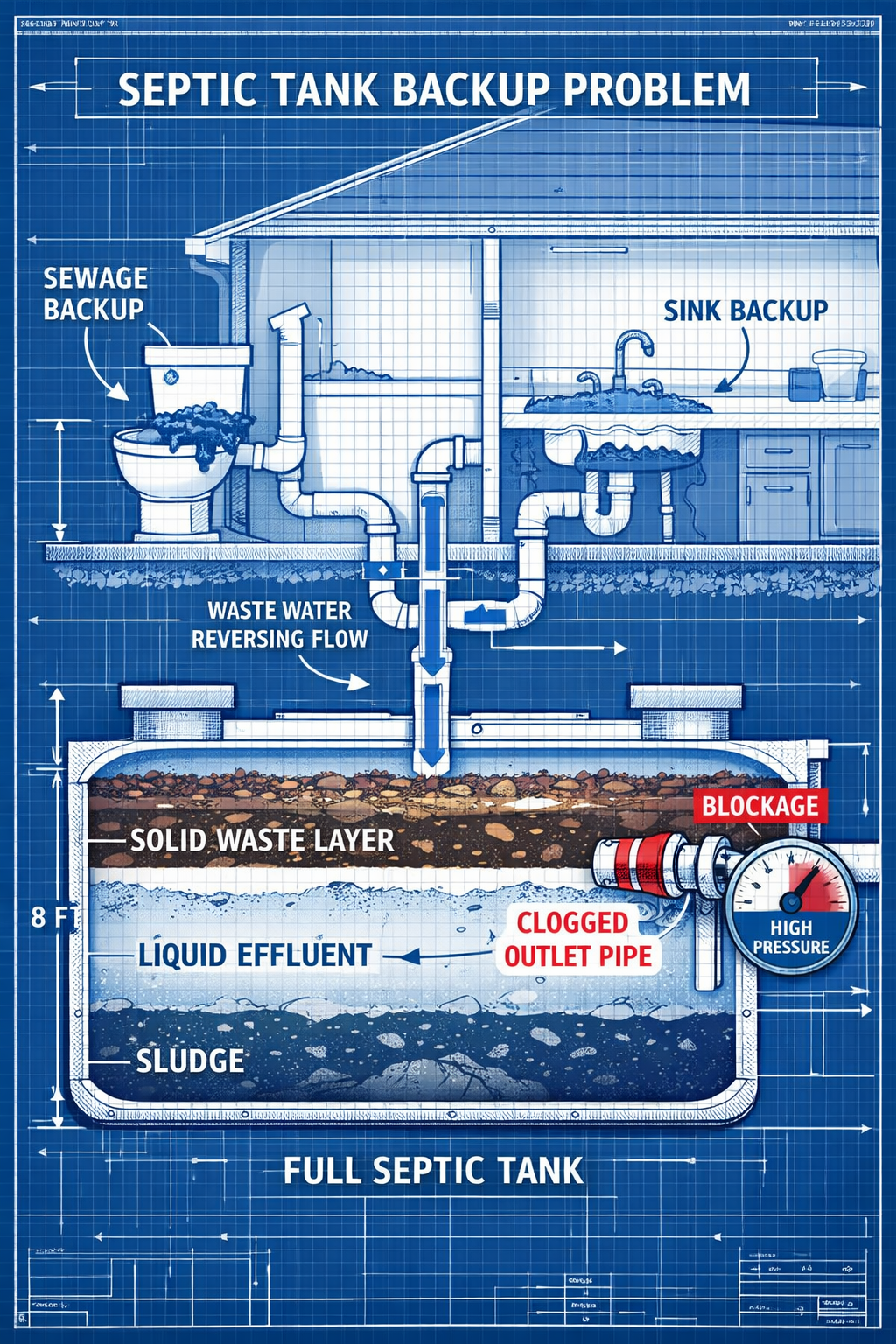 Portrait format (1024x1536) detailed cross-section diagram of septic tank backup process: full septic tank with solid waste layer at top, cl