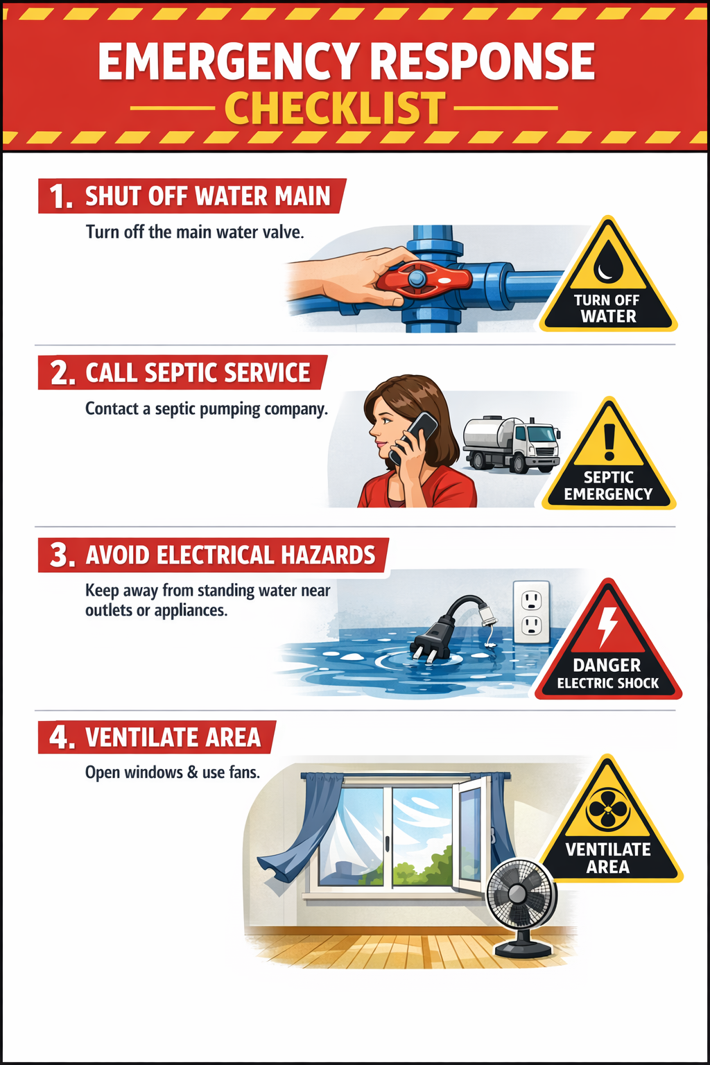Portrait format (1024x1536) step-by-step emergency response checklist with numbered actions: person turning off water main valve, calling se