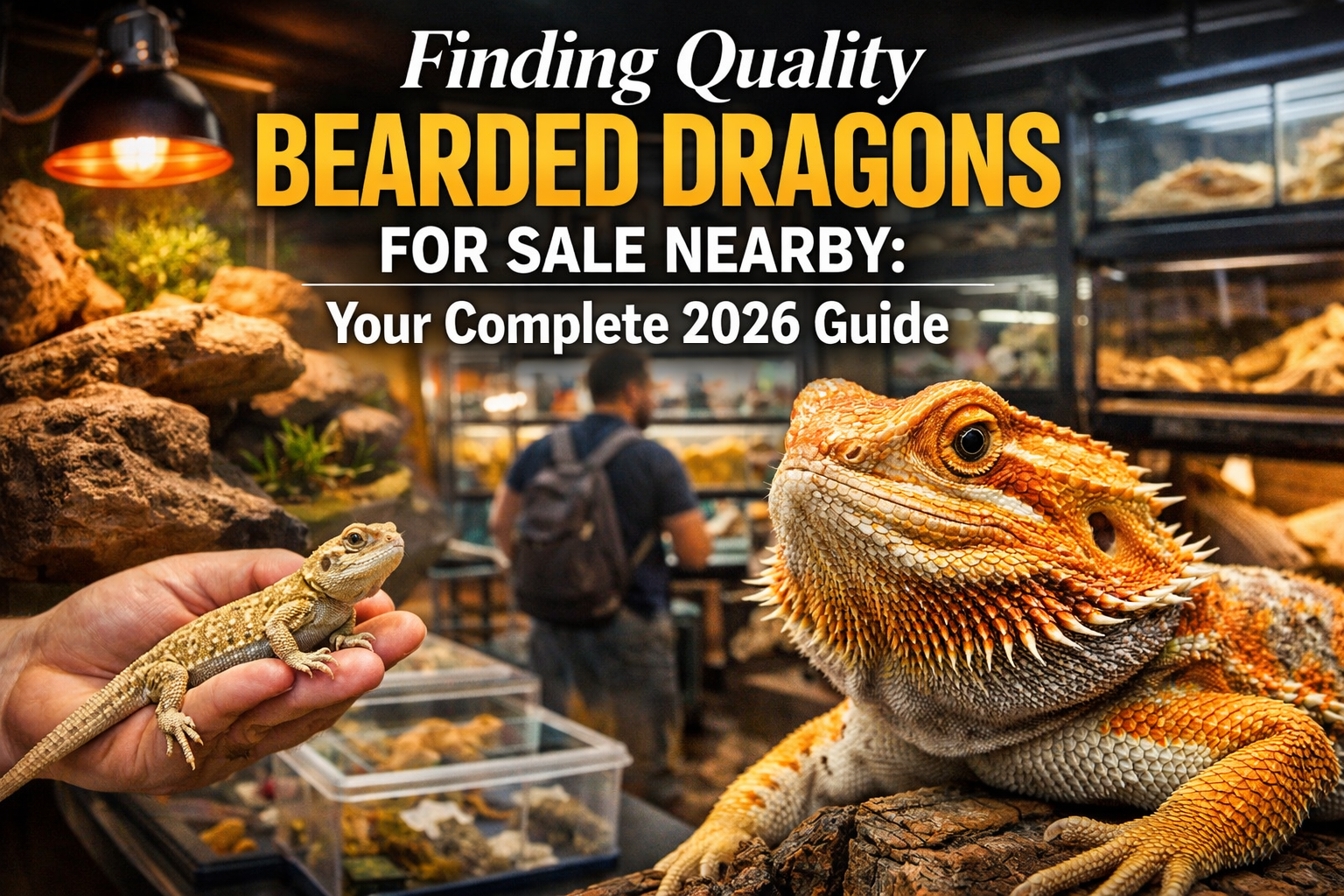 Professional hero image with bold text overlay: "Finding Quality Bearded Dragons for Sale Nearby: Your Complete 2026 Guide". Modern design, 