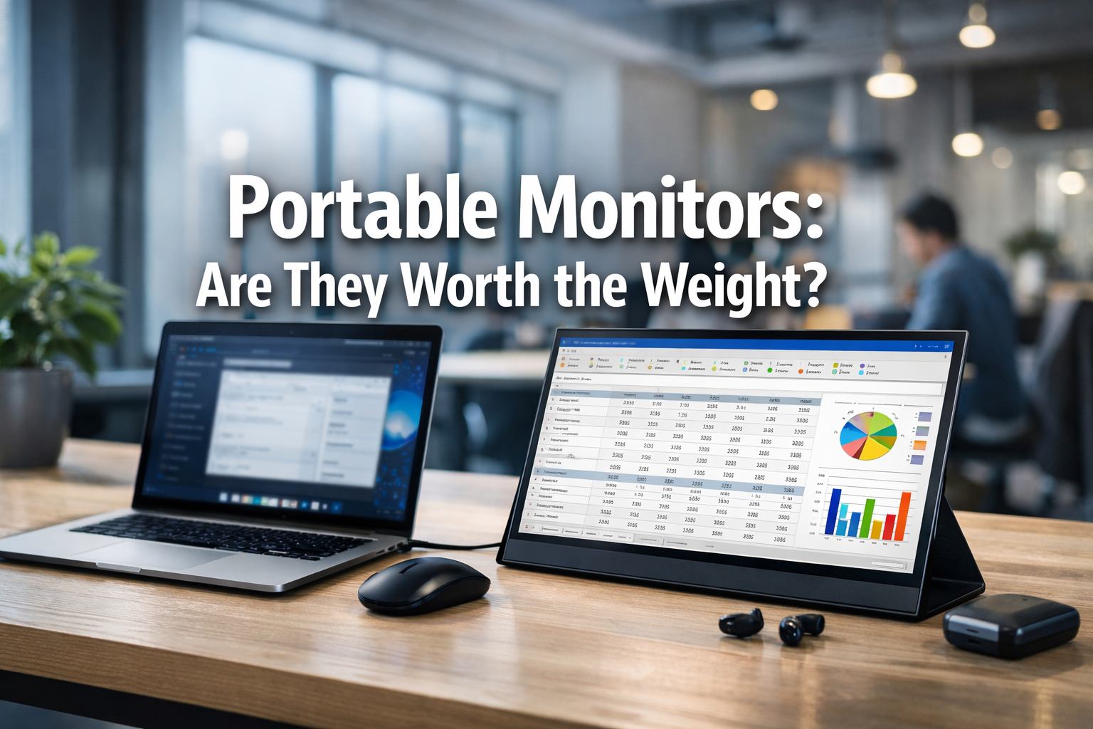 Professional landscape hero image (1536x1024) featuring bold text overlay 'Portable Monitors: Are They Worth the Weight?' in extra large 70p