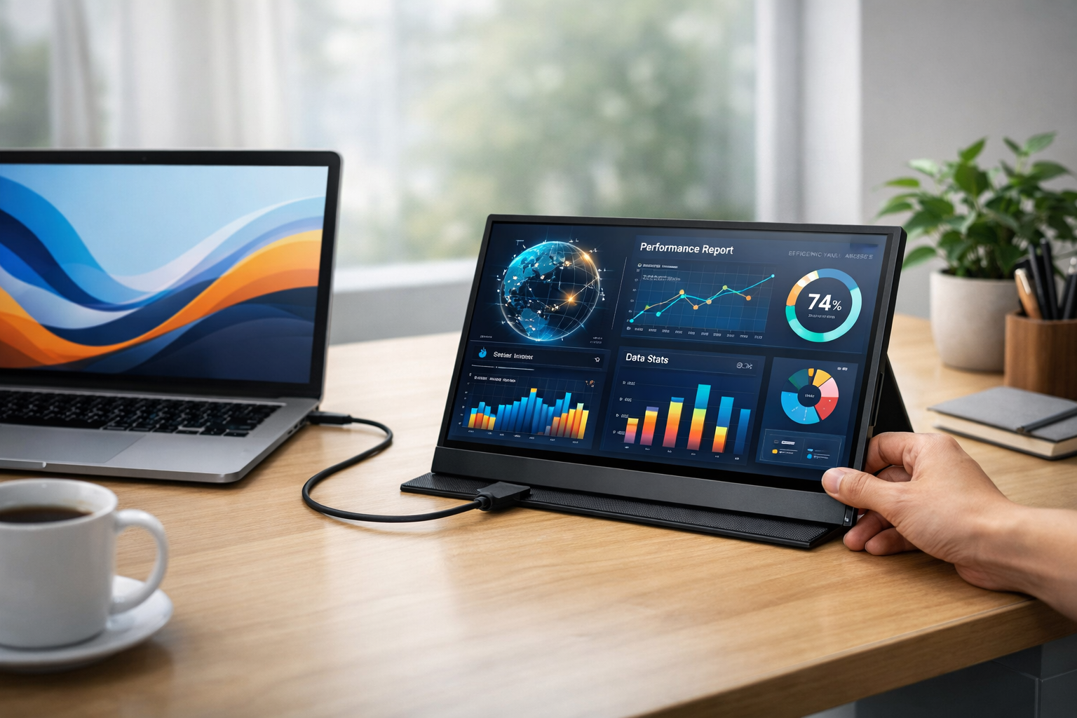 Editorial quality landscape image (1536x1024) depicting a clean, modern desk setup with a laptop and a slim USB-C portable monitor connected