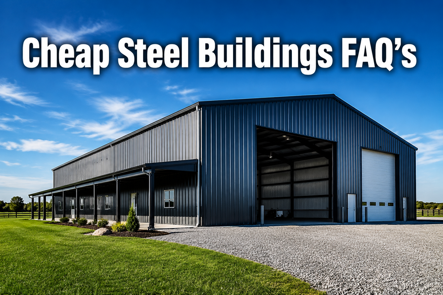 Professional () hero image with : 'Cheap Steel Buildings FAQ's' in extra large white with dark drop , centered in upper