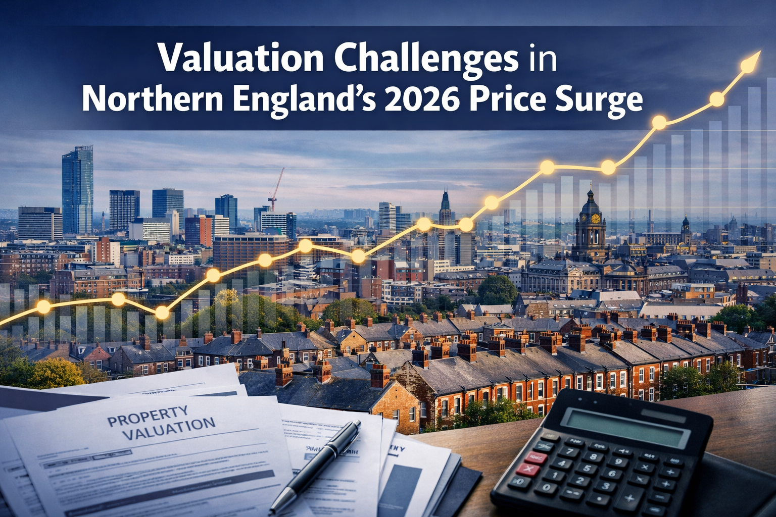 Professional landscape format (1536x1024) hero image featuring bold text overlay 'Valuation Challenges in Northern England's 2026 Price Surg