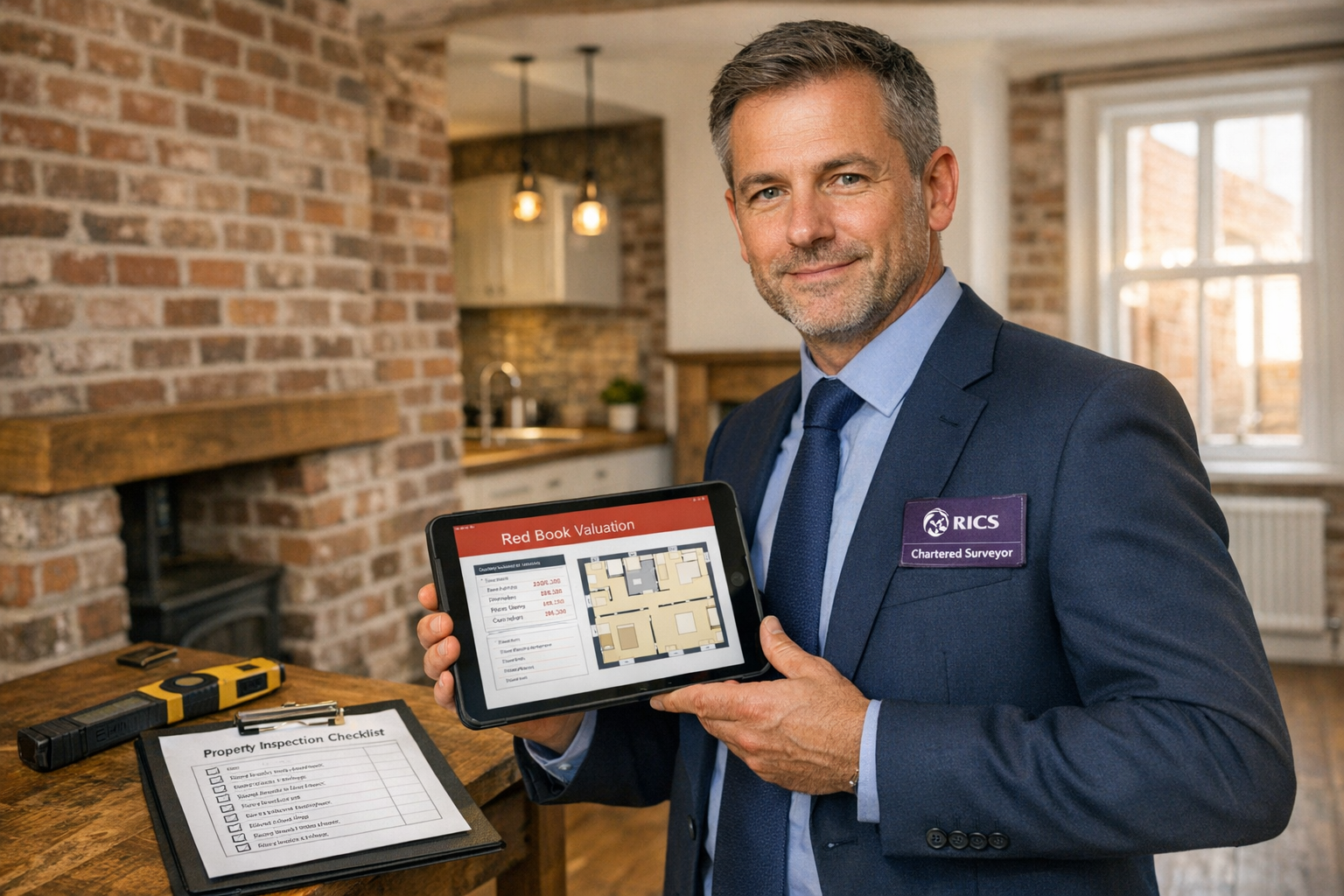 Detailed landscape format (1536x1024) professional photograph of RICS chartered surveyor in business attire conducting property inspection i
