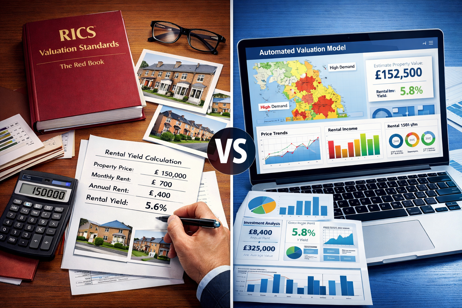Detailed landscape format (1536x1024) split-screen composition showing traditional RICS valuation methods versus modern AVM technology for b