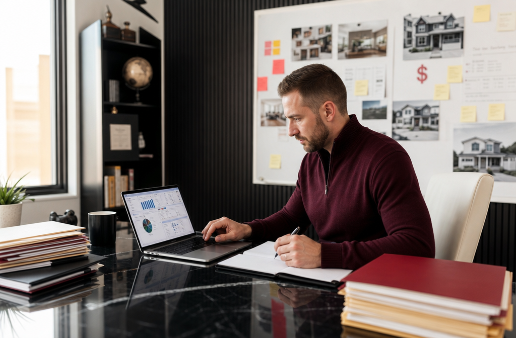 Wide () image of a real estate investor sitting at a modern desk reviewing spreadsheets, a laptop showing ARV calculation