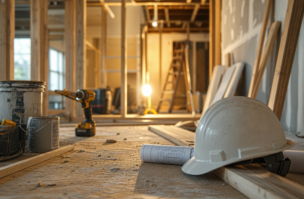() dramatic close-up of a construction site interior mid-renovation — exposed drywall, fresh lumber framing, paint cans, and