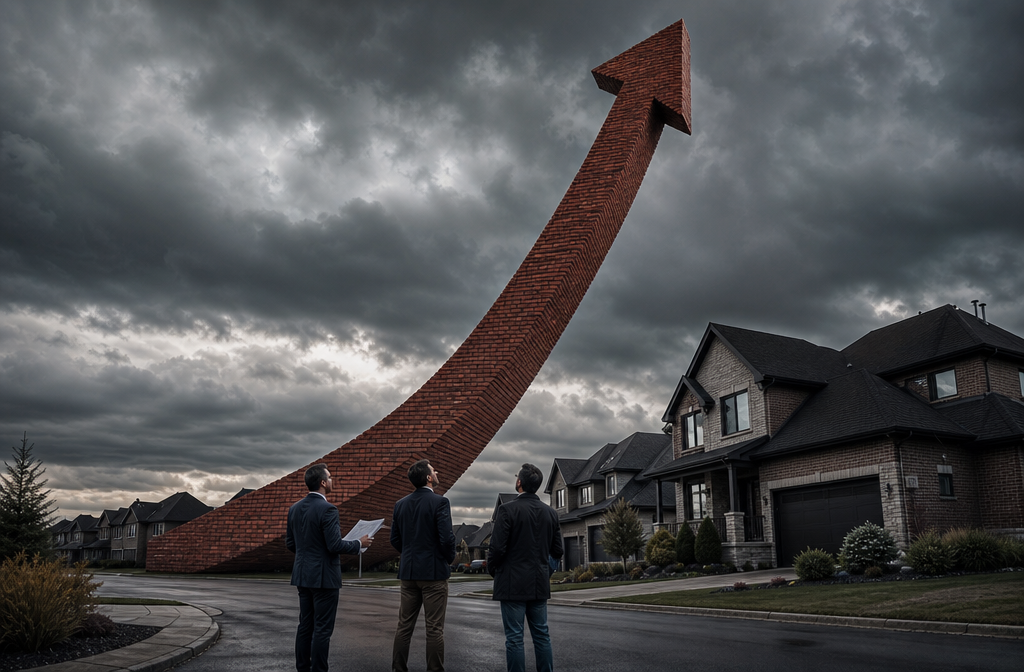 () conceptual image of a rising interest rate graph rendered as a physical 3D object in a real estate setting — a large