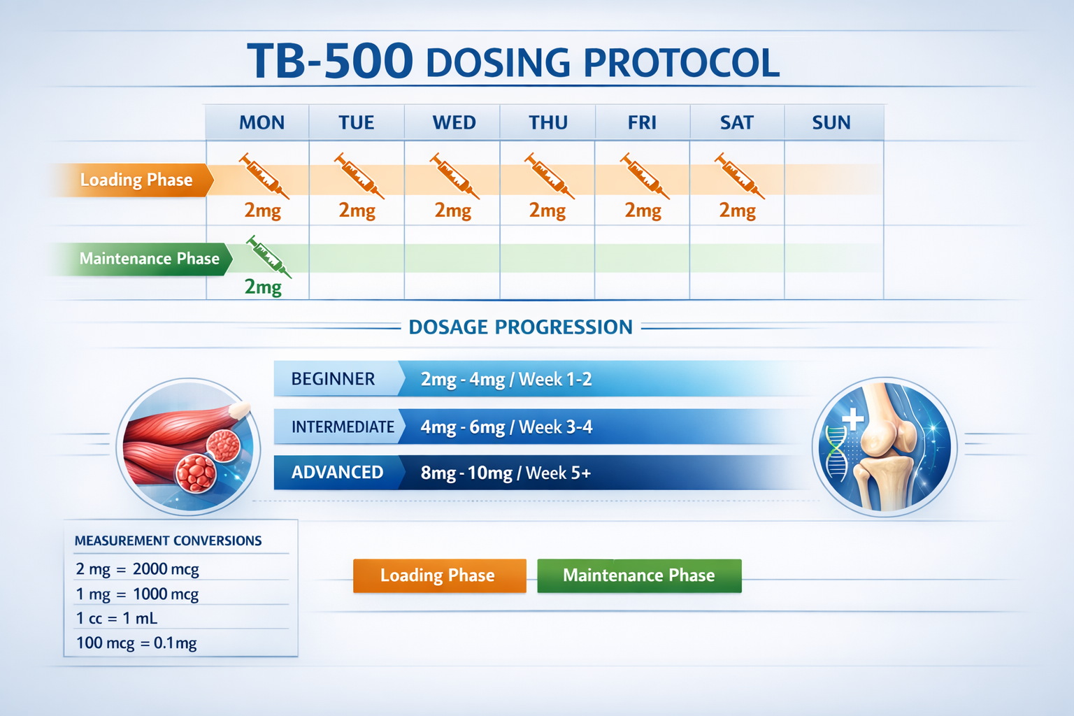 Clinical dosing protocol visualization featuring TB-500 injection schedule calendar layout, weekly timeline with marked injection points, do