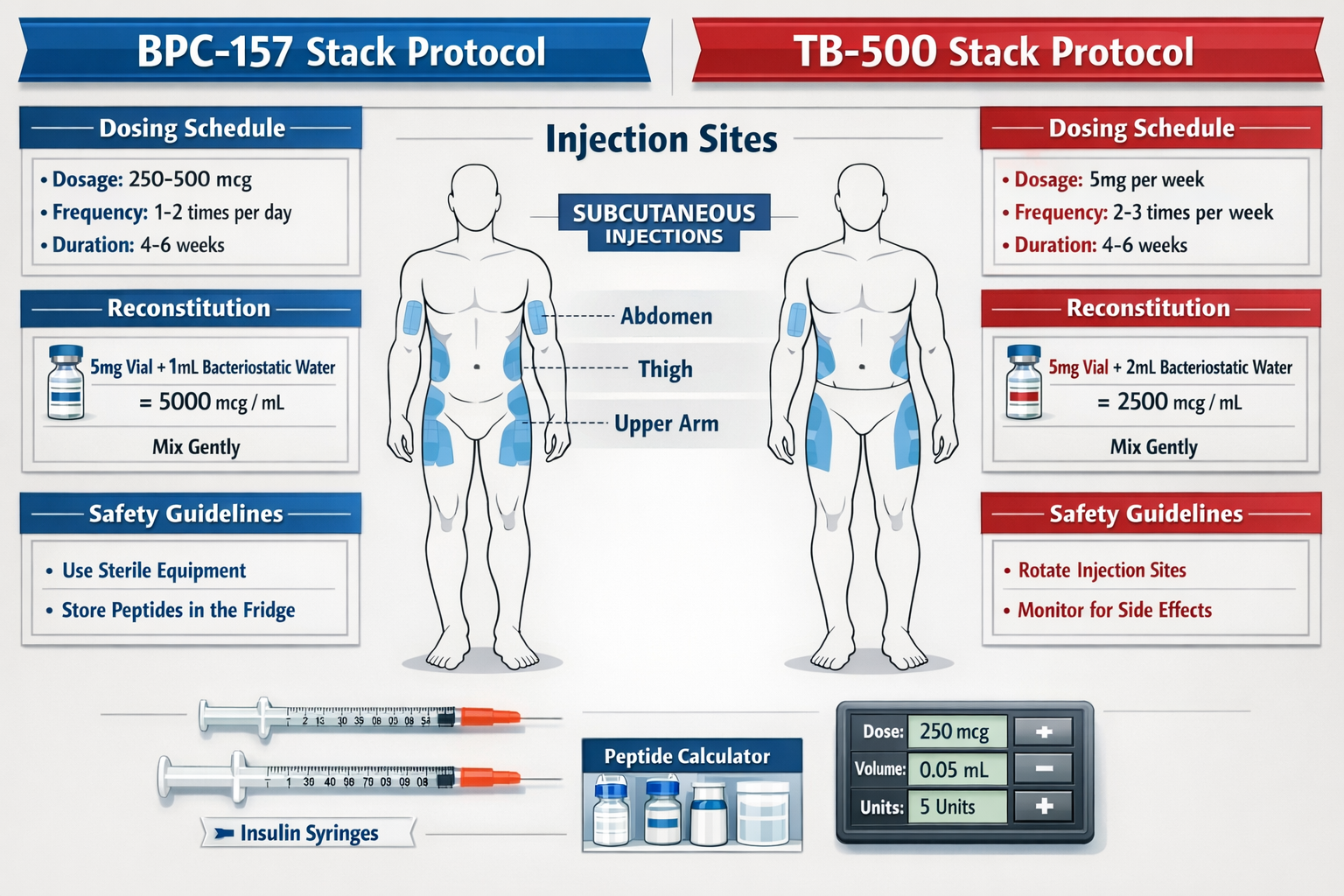 Side-by-side comparison chart of BPC-157 and TB-500 stacked protocols, dual-column layout with dosing schedules, reconstitution instructions