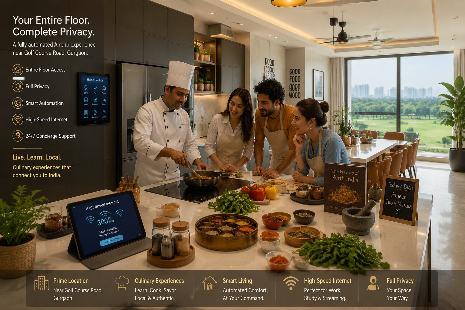 () image showcasing a bright, fully automated Airbnb kitchen in Gurgaon near Golf Course Road, designed for culinary