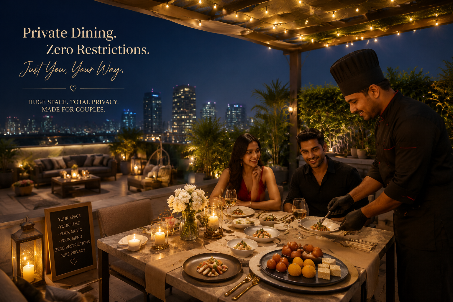 () image illustrating a private dining experience on a beautifully decorated rooftop terrace of an Airbnb near Golf Course