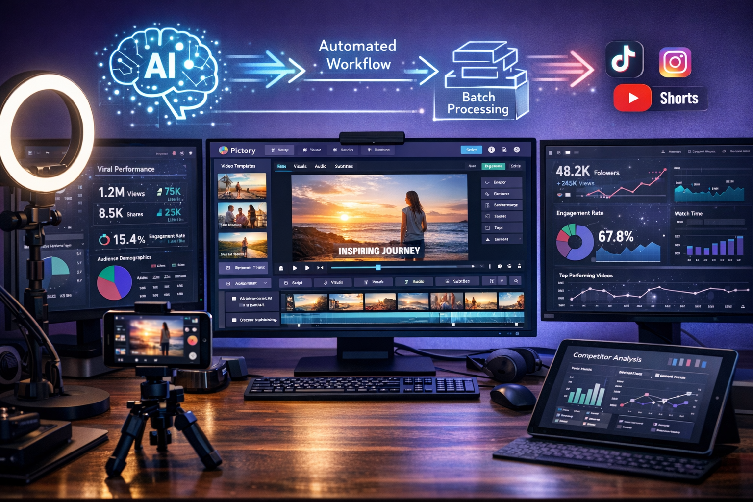 Detailed () image showing modern content creator workspace with multiple monitors displaying AI video generation interfaces.