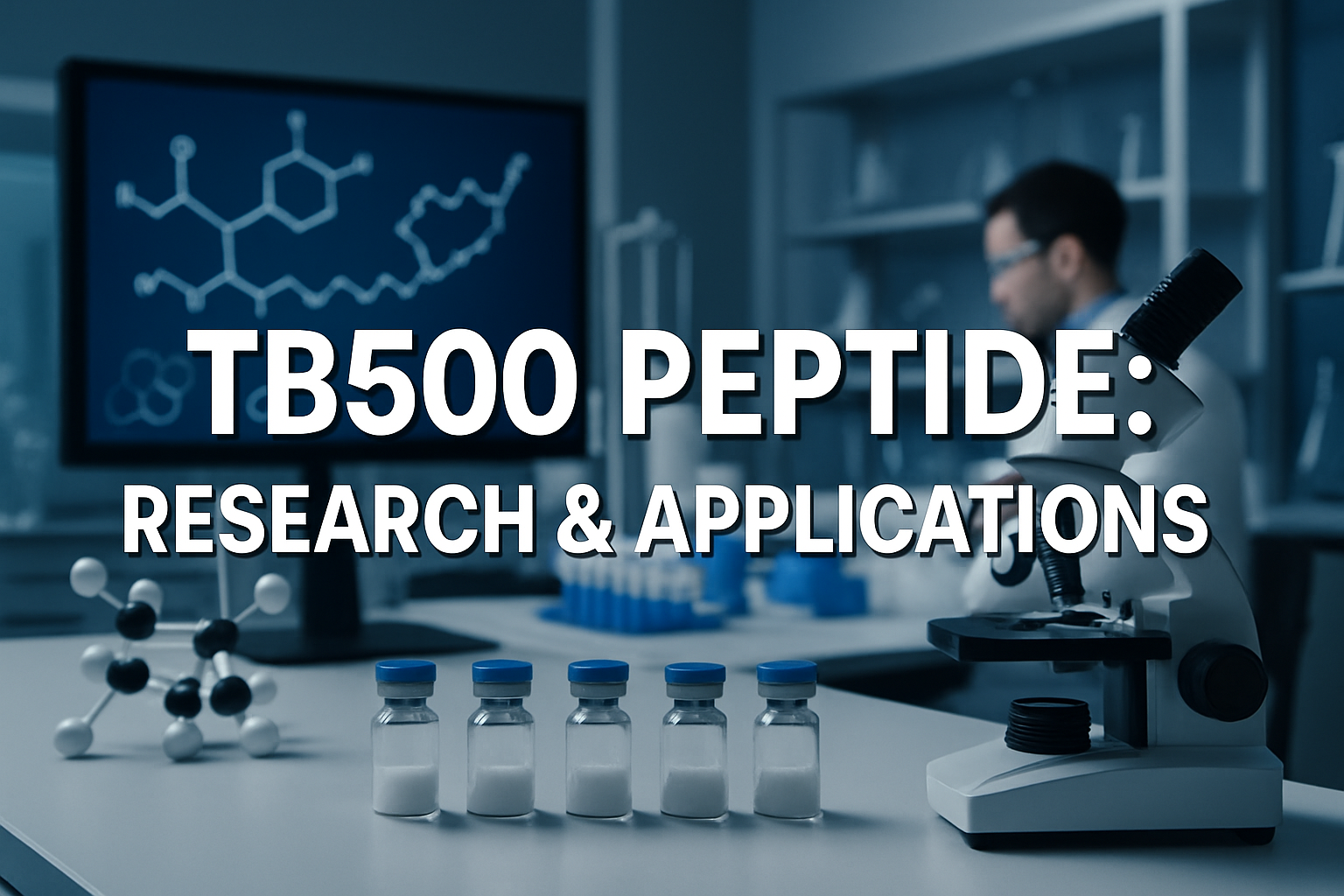 Professional landscape laboratory image (1536x1024) featuring bold text overlay 'TB500 Peptide: Research & Applications' in 70pt white sans-