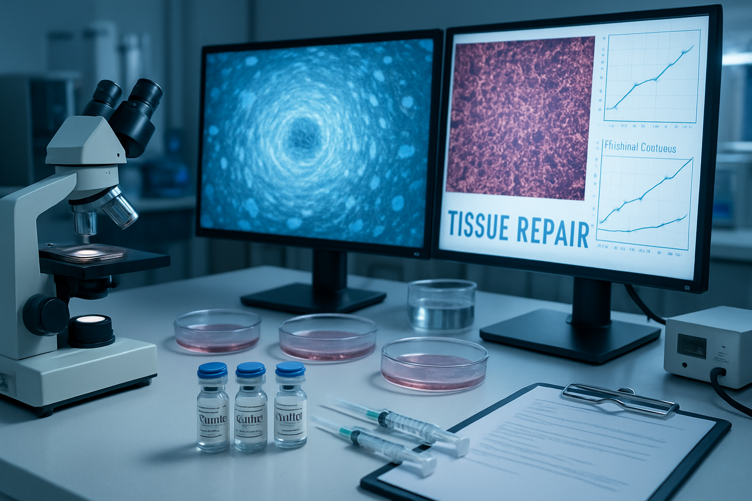 Research laboratory scene focusing on tissue repair studies, microscopic images of cellular regeneration, petri dishes with cell cultures, s