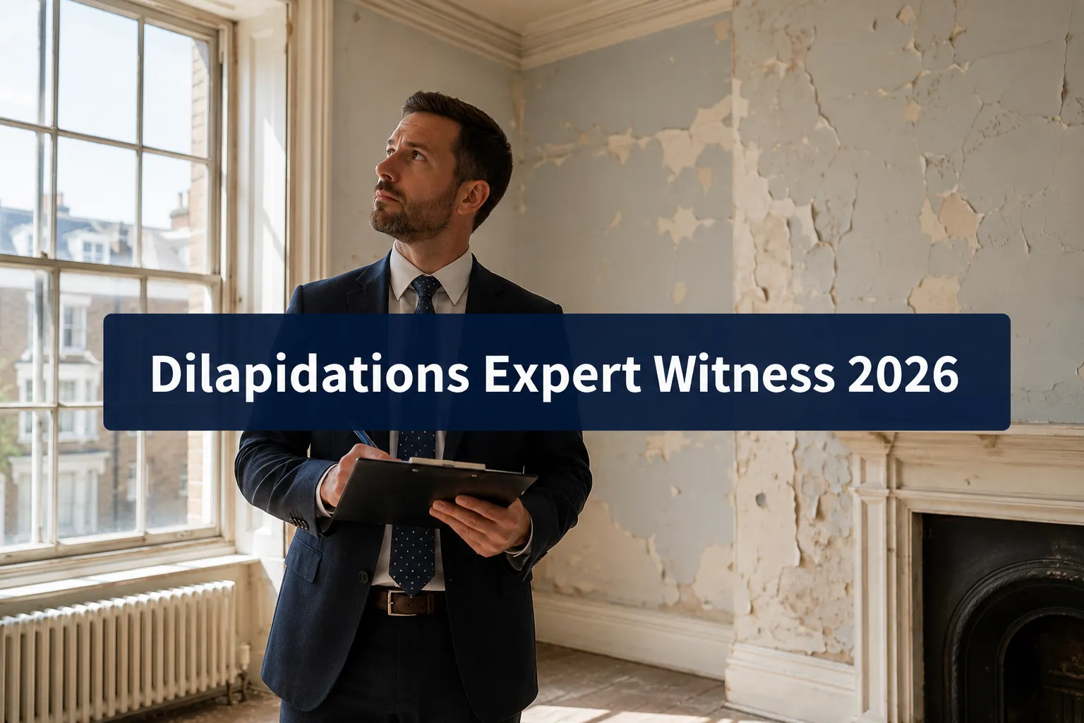 Professional () hero image with (≤42 chars): 'Dilapidations Expert Witness 2026', crisp white on a deep navy