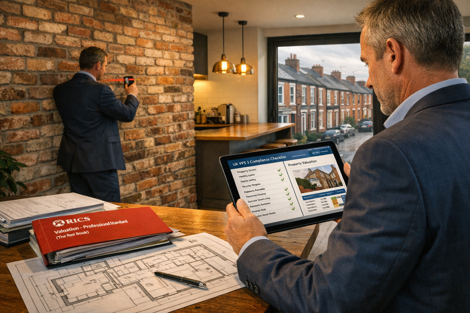 Detailed () editorial image showing professional RICS surveyor in business attire conducting property inspection inside