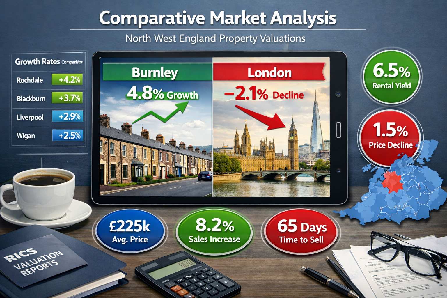 Comprehensive () infographic-style image displaying comparative market analysis for North West England property valuations.